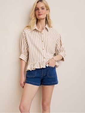 Francesca’s Dana Ruffled Striped Button Down Top Large